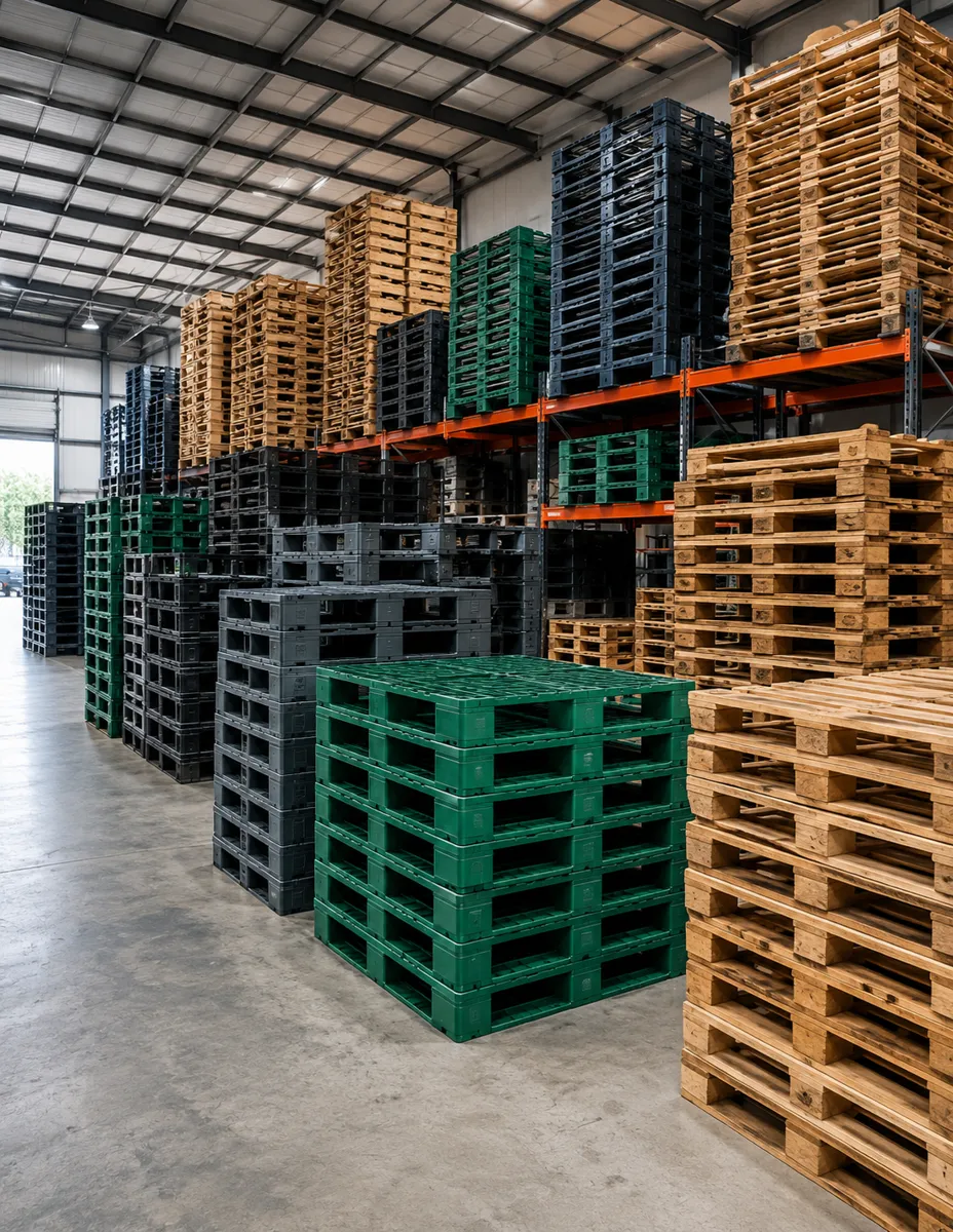 Almacén con paletas de madera y plástico en estanterías